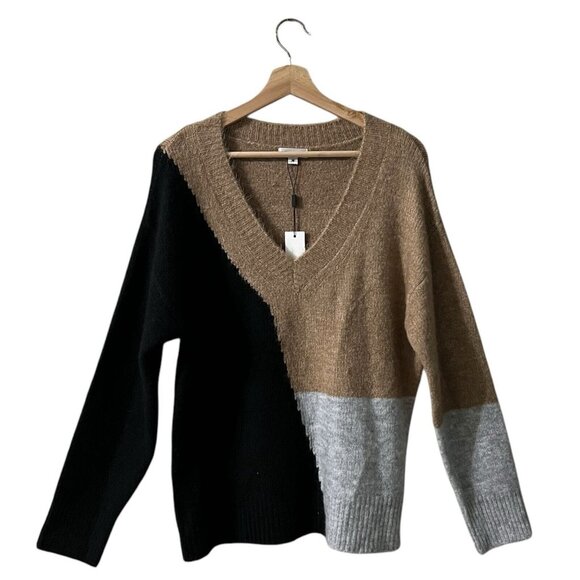 Vigoss Sweater Size Medium Colorblock V Neck Knit Cozy Pullover Long Sleeve Tan - Picture 2 of 10